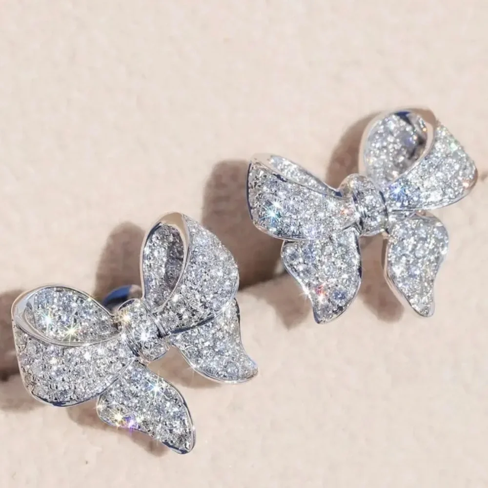 Shiny Bow knot Stud Earrings Inlaid Shiny Zircon Elegant Daily Wear Jewelry - Picture 3 of 8